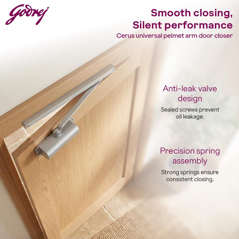 Godrej Door Closer | Cerus Universal Door Closer | Door Weight Capacity : 85kg to 120kg | Max Door Width: 950mm - 1400mm | Adjustable Power Size 3-6 | Pelmet Arm Design | Silver | 3 Yr Warranty